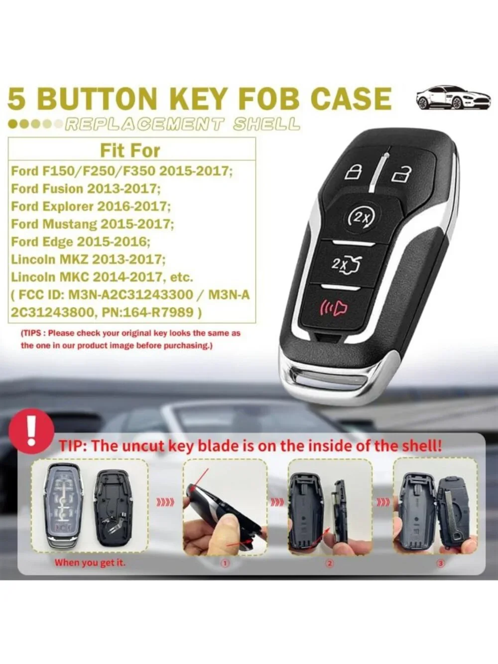 Key Fob Case Replacement for Ford Vehicles - 5 Button Smart Key Cover, 2014-2017